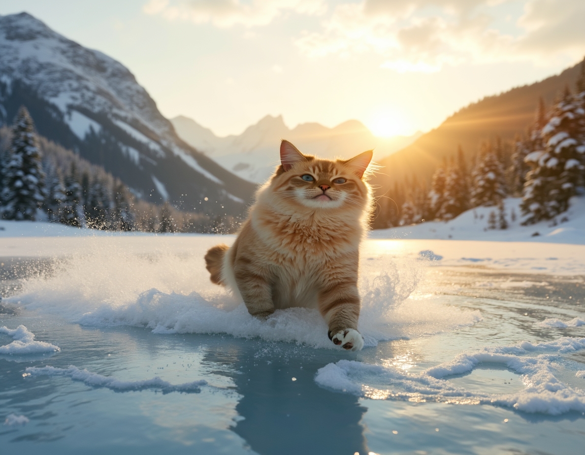 Cat enjoys a playful glide across a frozen lake, surrounded by snow-covered trees and distant mountains, with the soft glow of the setting sun reflecting off the ice.

